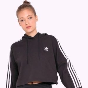 Adidas Black Boxy Cropped 3 Stripe Hoodie Size XS